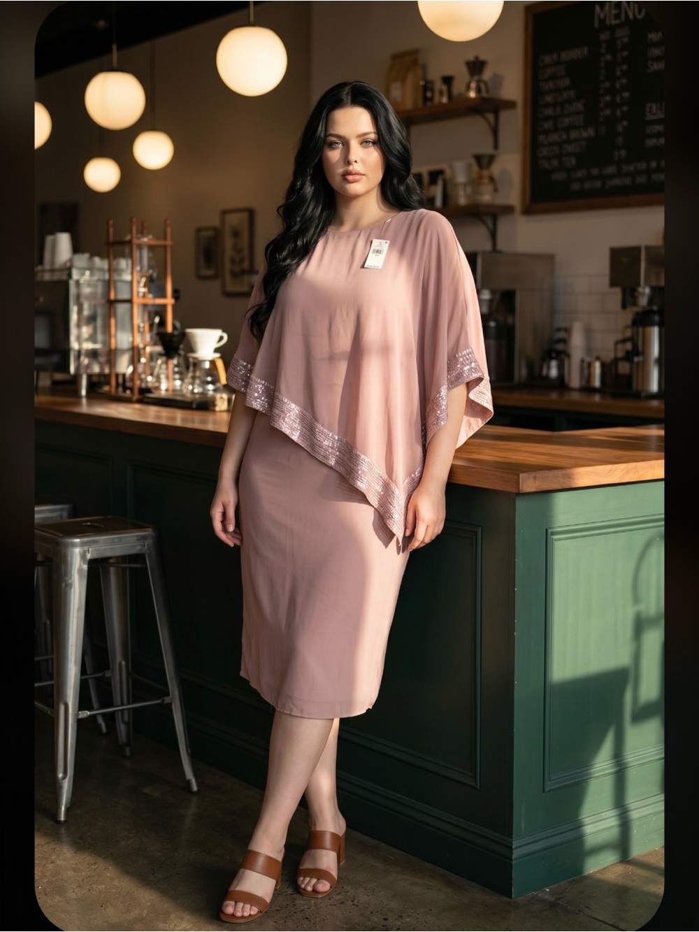 SLNY Dusty Rose Midi Dress with Sequined Trim
